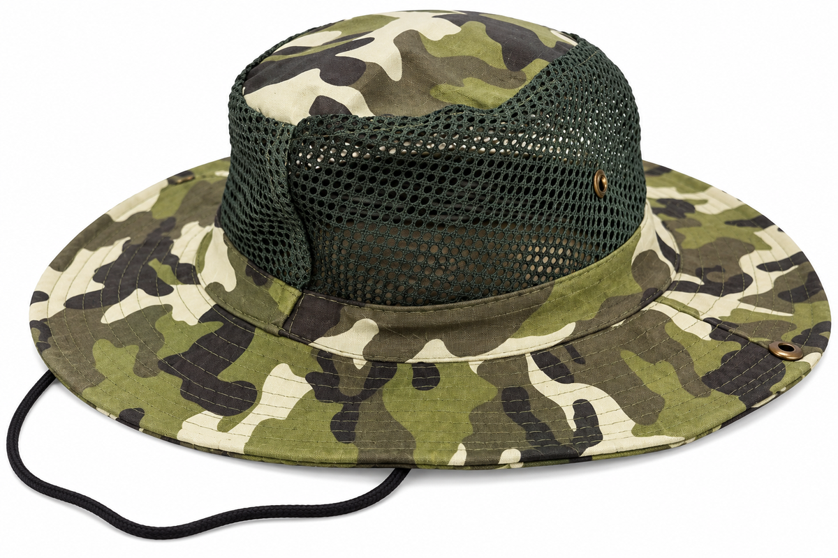 Camouflage wide-brim safari hat with mesh ventilation and chin cord