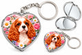 Floral Cavalier King Charles Spaniel heart-shaped compact mirror keychain