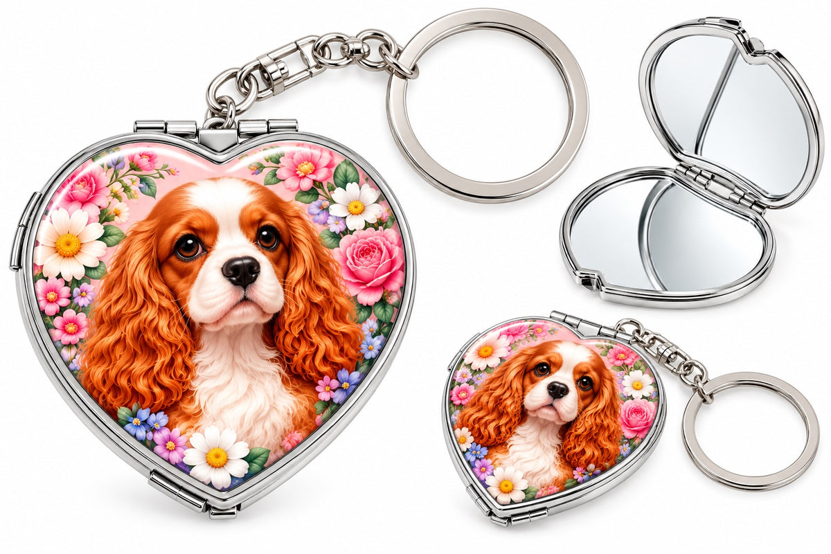 Floral Cavalier King Charles Spaniel heart-shaped compact mirror keychain