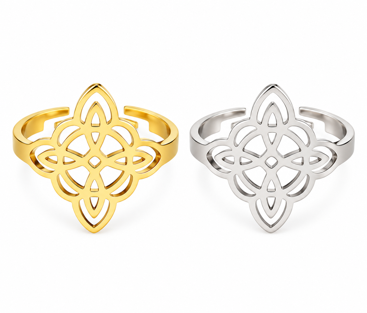 Gold and silver stainless steel Celtic knot adjustable rings on white background