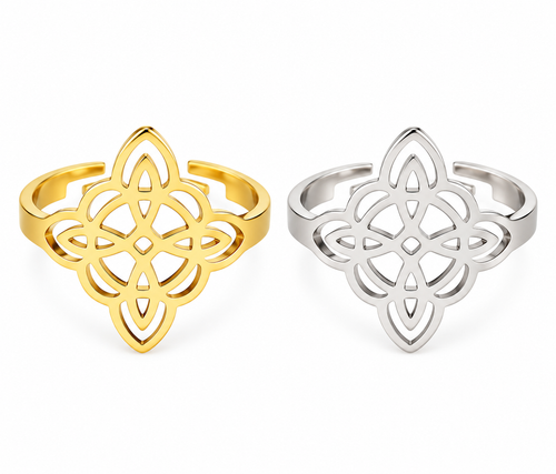 Gold and silver stainless steel Celtic knot adjustable rings on white background