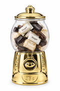 Gold-toned ceramic nougat candy jar filled with wrapped nougat on a white studio background