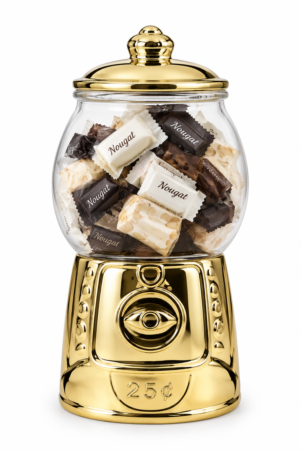 Gold-toned ceramic nougat candy jar filled with wrapped nougat on a white studio background