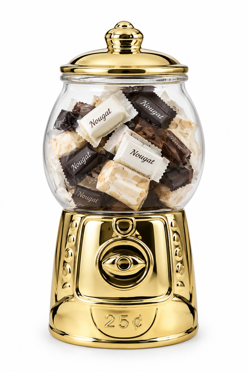 Gold-toned ceramic nougat candy jar filled with wrapped nougat on a white studio background