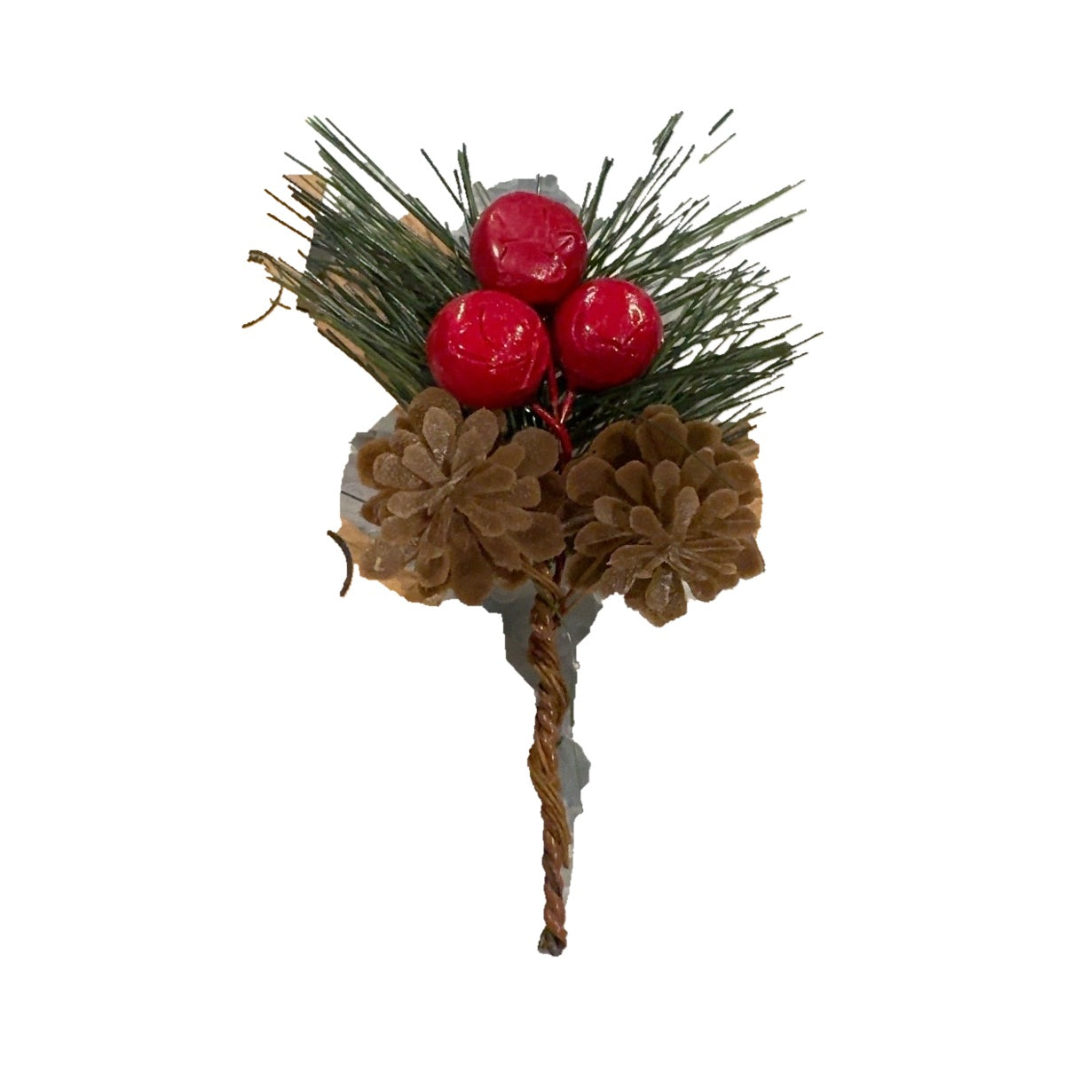 Artificial red berry and pinecone Christmas pick on white background