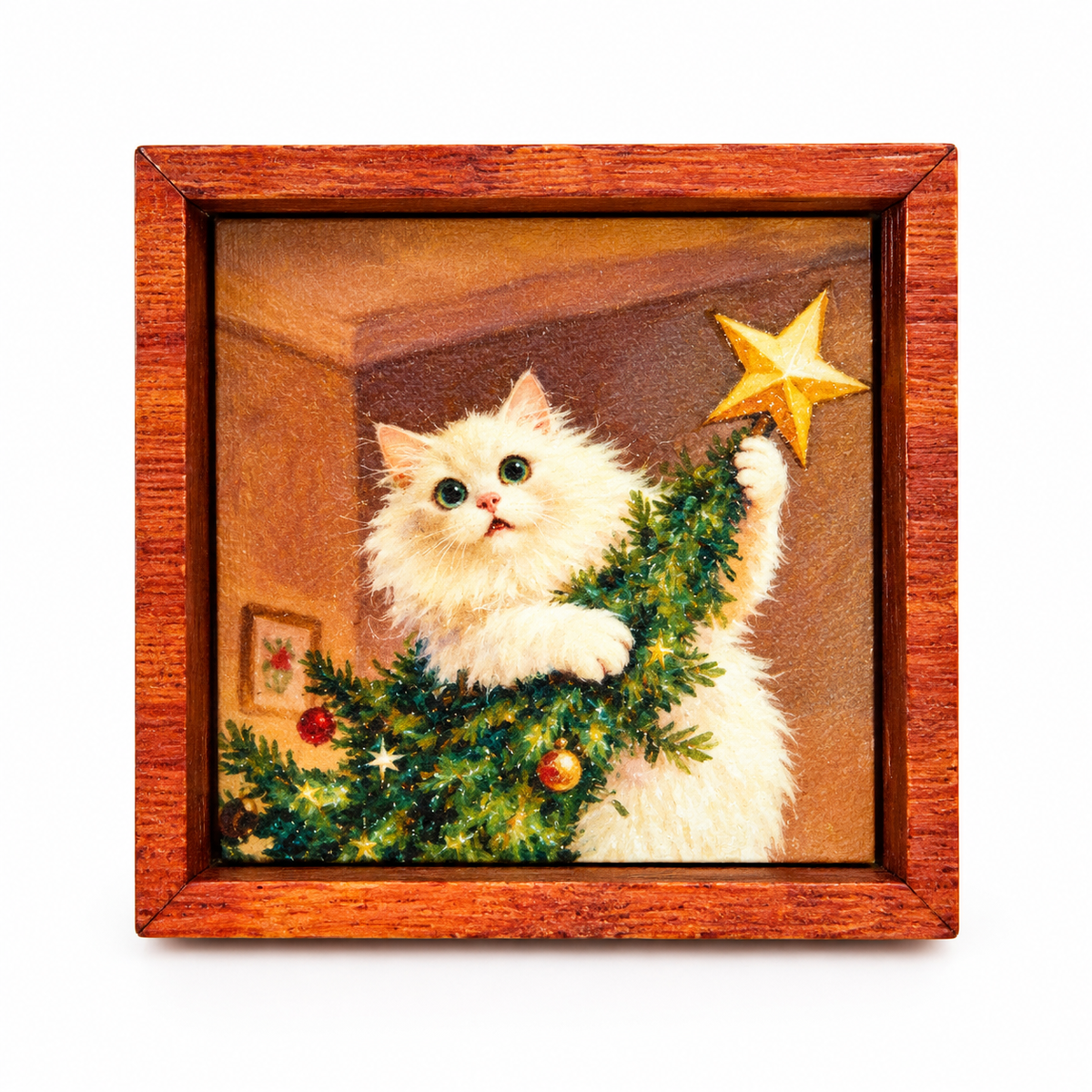 Christmas kitten miniature framed artwork on white background