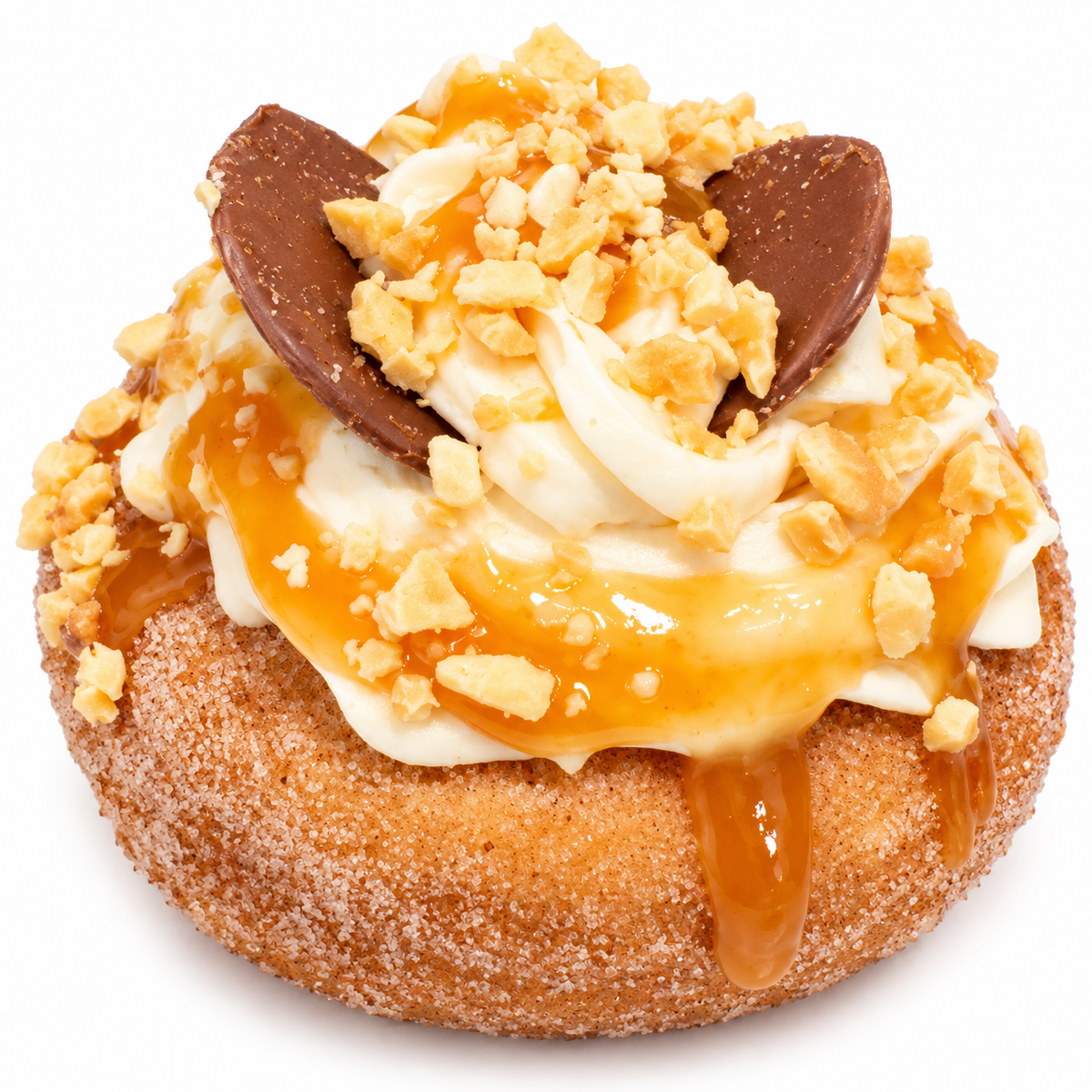 Caramel chocolate peanut doughnut on white background