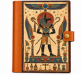 Vintage Egyptian Anubis notebook with brown spine and snap closure, white background