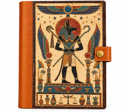 Vintage Egyptian Anubis notebook with brown spine and snap closure, white background