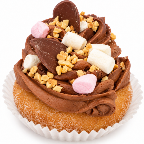 Rocky road doughnut with chocolate frosting marshmallows and nuts