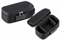 Black combination lock travel storage organiser shown open and closed on white background