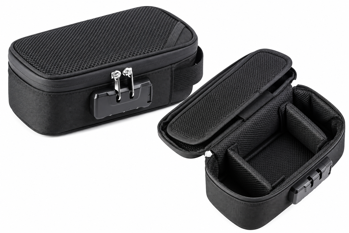 Black combination lock travel storage organiser shown open and closed on white background