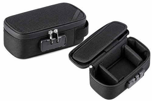Black combination lock travel storage organiser shown open and closed on white background