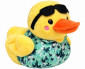 Yellow plush duck soft toy with sunglasses and tropical outfit