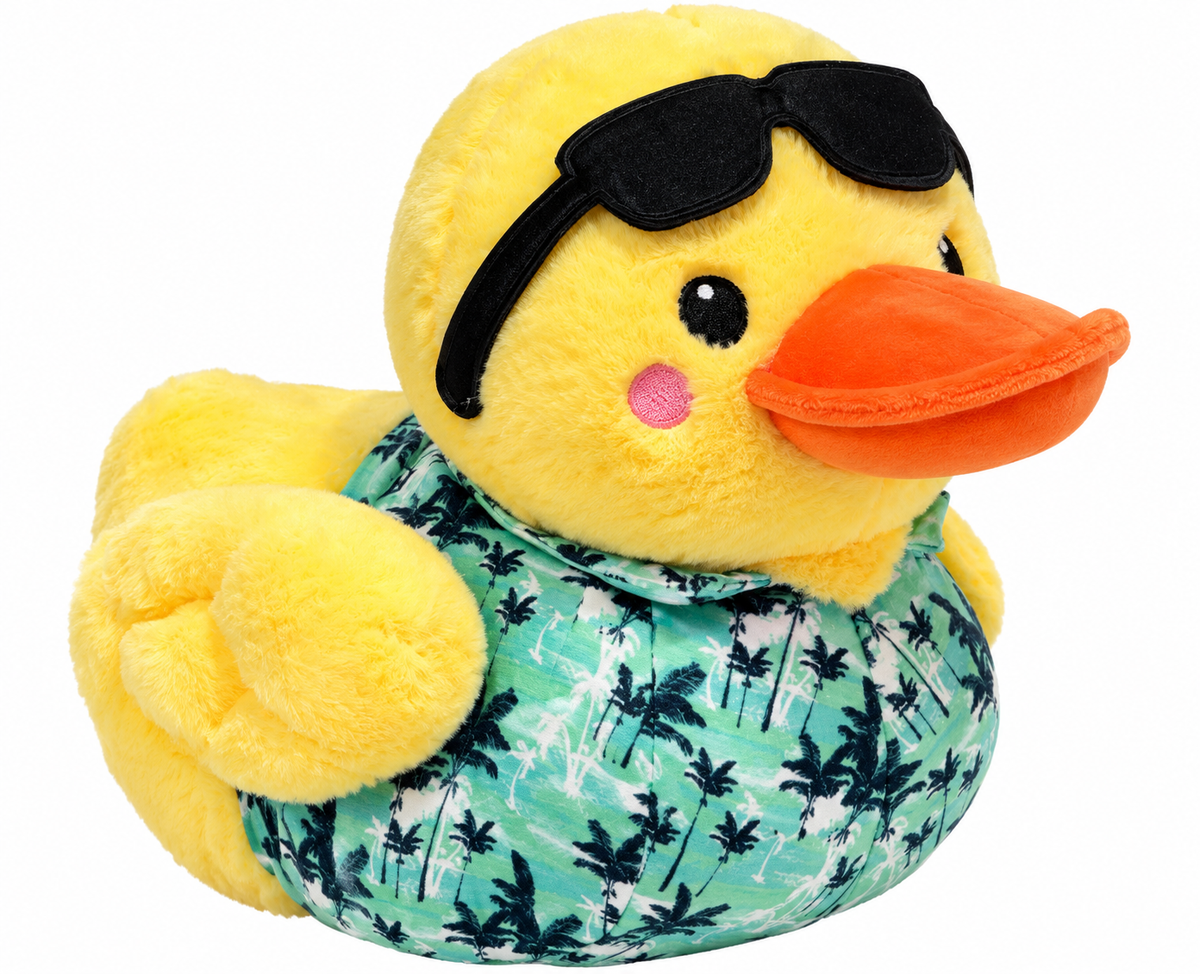 Yellow plush duck soft toy with sunglasses and tropical outfit