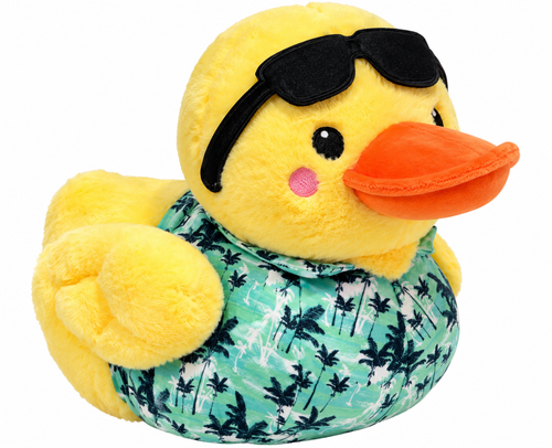 Yellow plush duck soft toy with sunglasses and tropical outfit