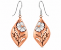 Copper floral drop earrings with white gold plated copper hooks on white background