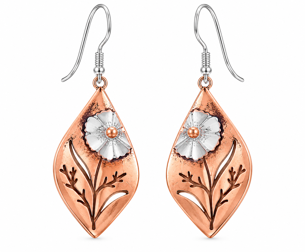 Copper floral drop earrings with white gold plated copper hooks on white background