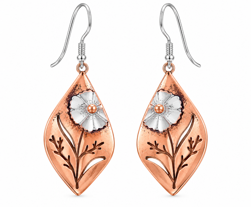 Copper floral drop earrings with white gold plated copper hooks on white background