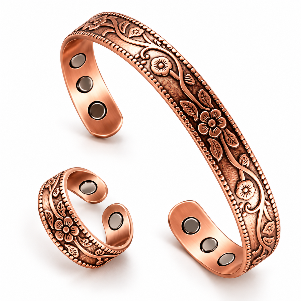 Copper floral open bangle and matching ring set