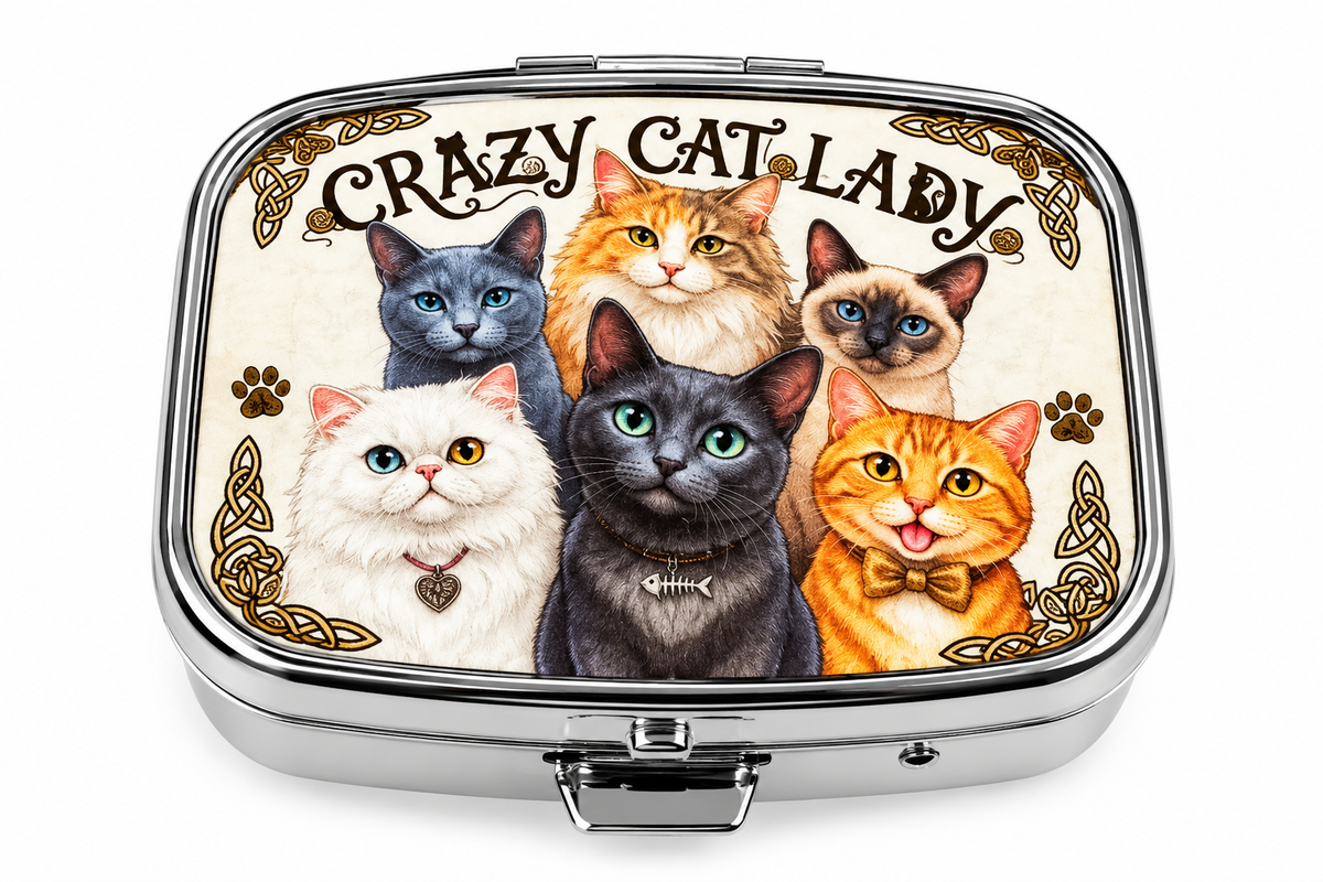 Crazy Cat Lady six cats silver-tone mini pill box