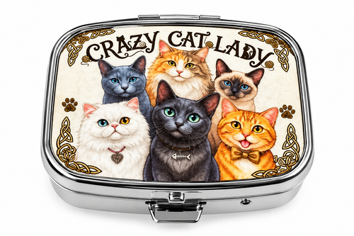 Crazy Cat Lady six cats silver-tone mini pill box