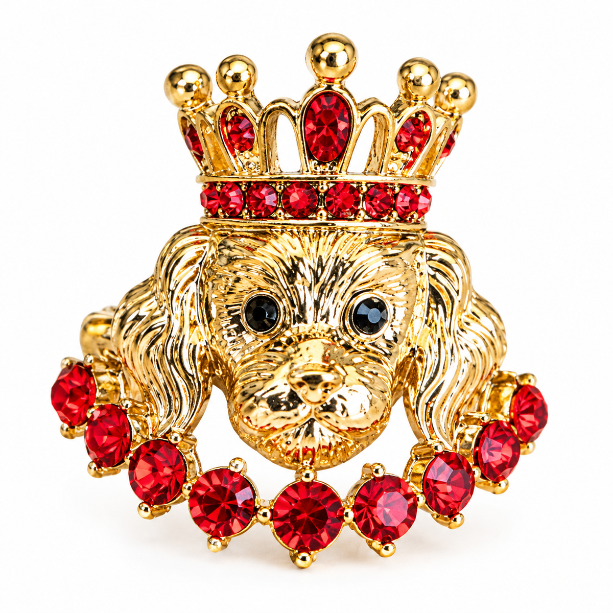 Gold-tone crowned dog brooch with red crystal-style accents