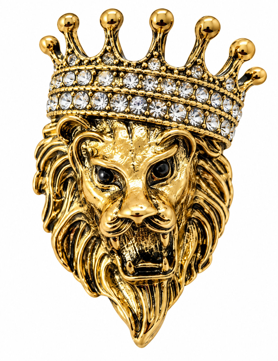 Crowned lion brooch gold tone with clear crystals