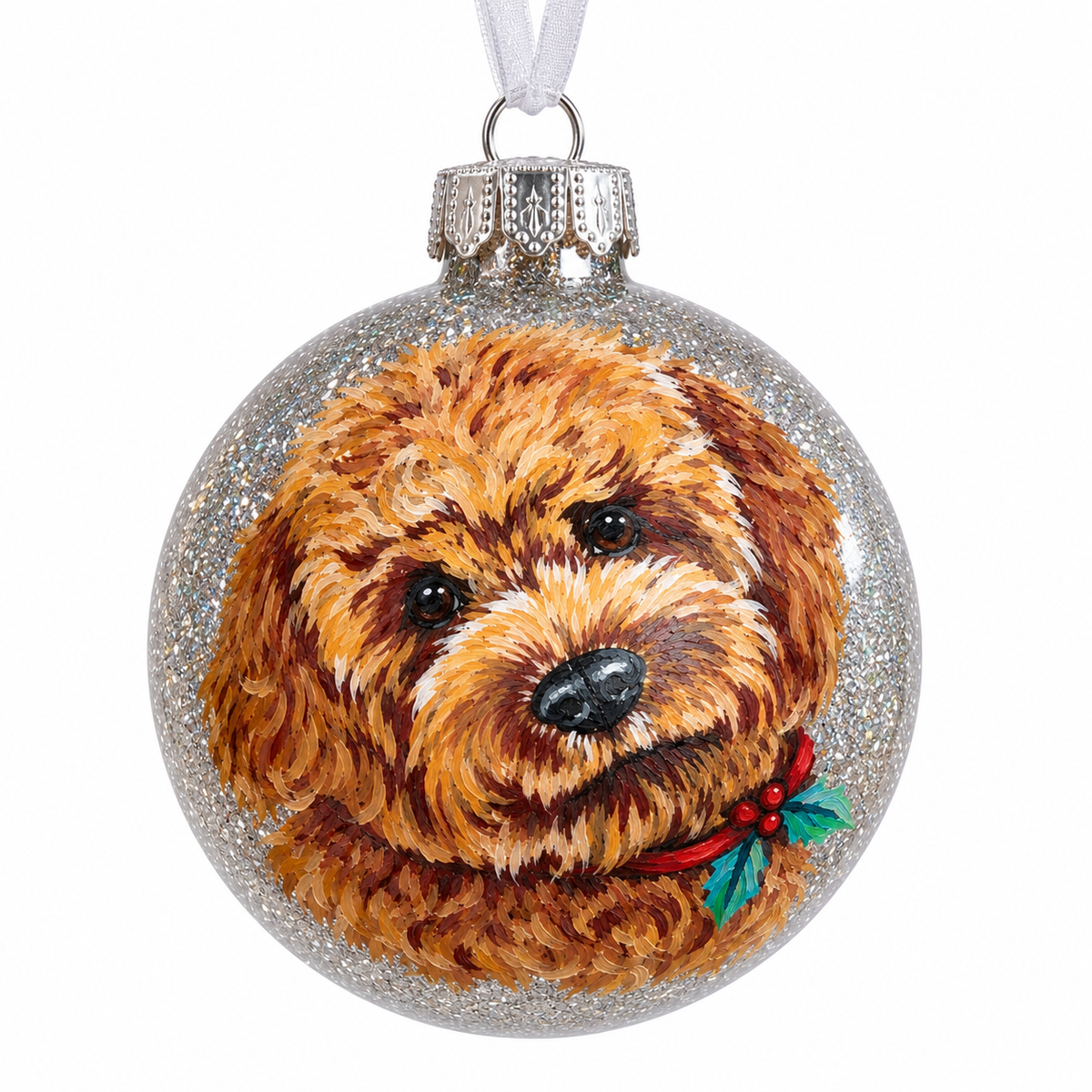 Example custom-painted pet portrait on 10 cm silver glitter Christmas bauble