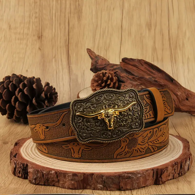 Western Longhorn Belt – Vintage Floral Buckle