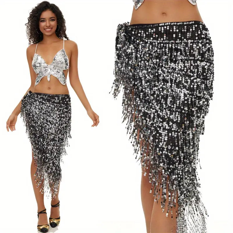 Black & Silver Sequin Fringe Hip Scarf
