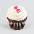 Dairy-Free Choc Red Velvet Cupcake with vegan vanilla buttercream and pink hearts