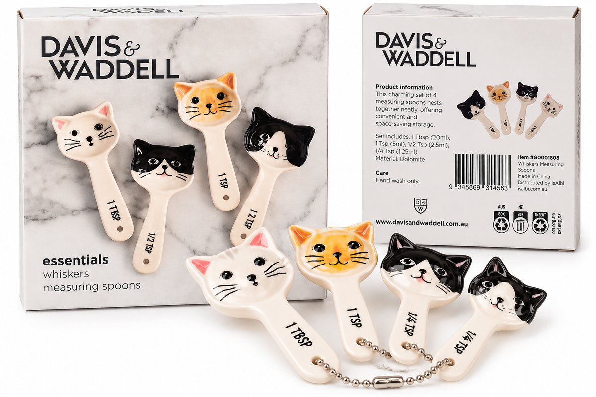 Davis and Waddell Whiskers cat measuring spoon set with chain and packaging