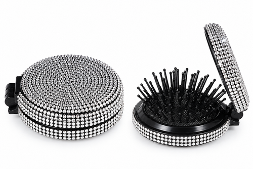 Diamante compact mirror with foldable hair brush, closed and open views
