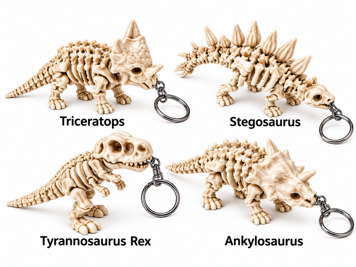 Four dinosaur skeleton keychain designs labelled by dinosaur name