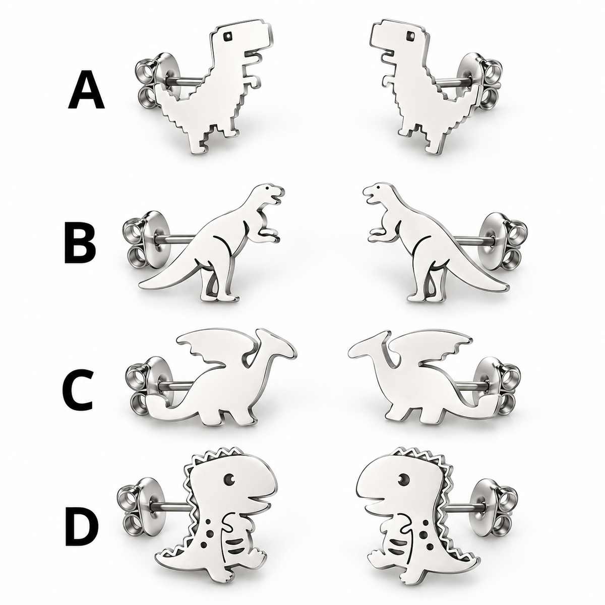 Stainless steel dinosaur stud earrings variants A B C and D