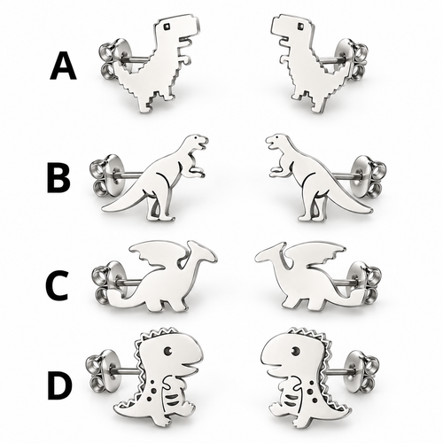 Stainless steel dinosaur stud earrings variants A B C and D