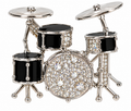 Miniature drum kit crystal brooch on white background