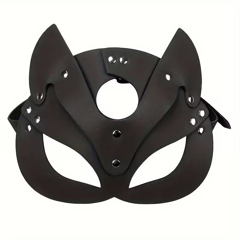 Black Faux Leather Fox Mask with Studs