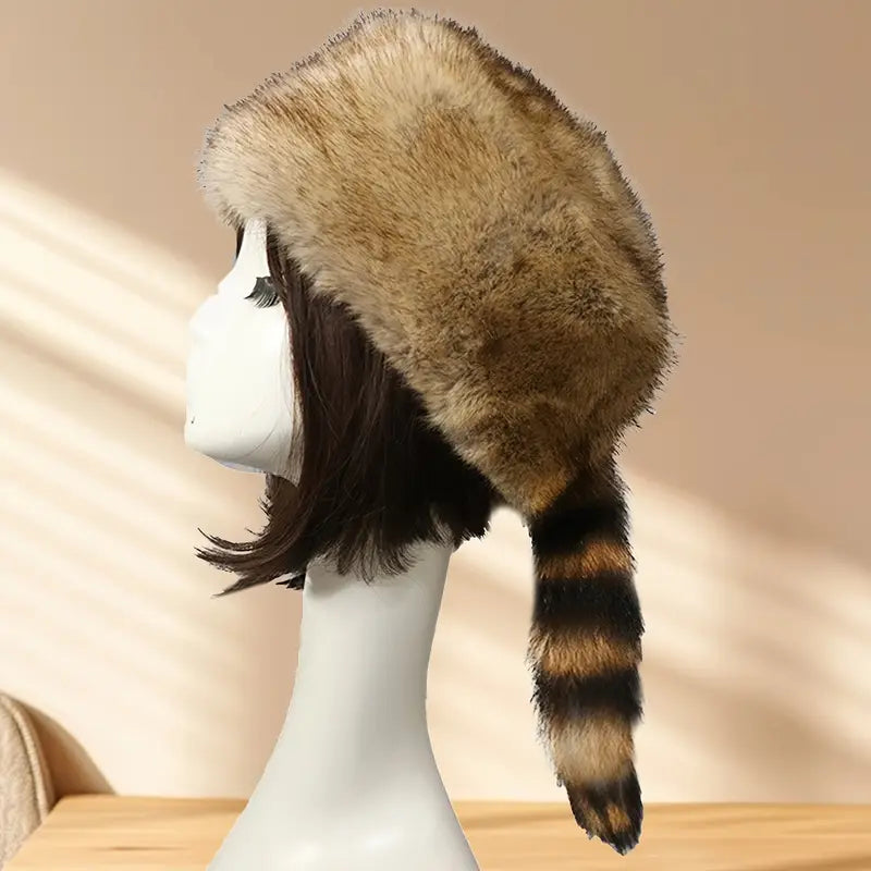 Faux Fur Flat Top Hat with Raccoon Tail