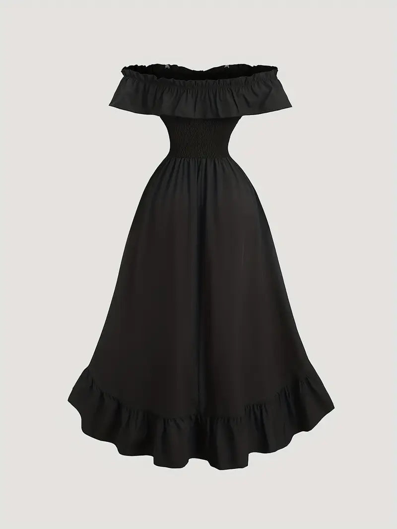 Women’s Vintage Gothic Off-Shoulder Dress – Black Ruched Corset Midi with Ruffle Hem