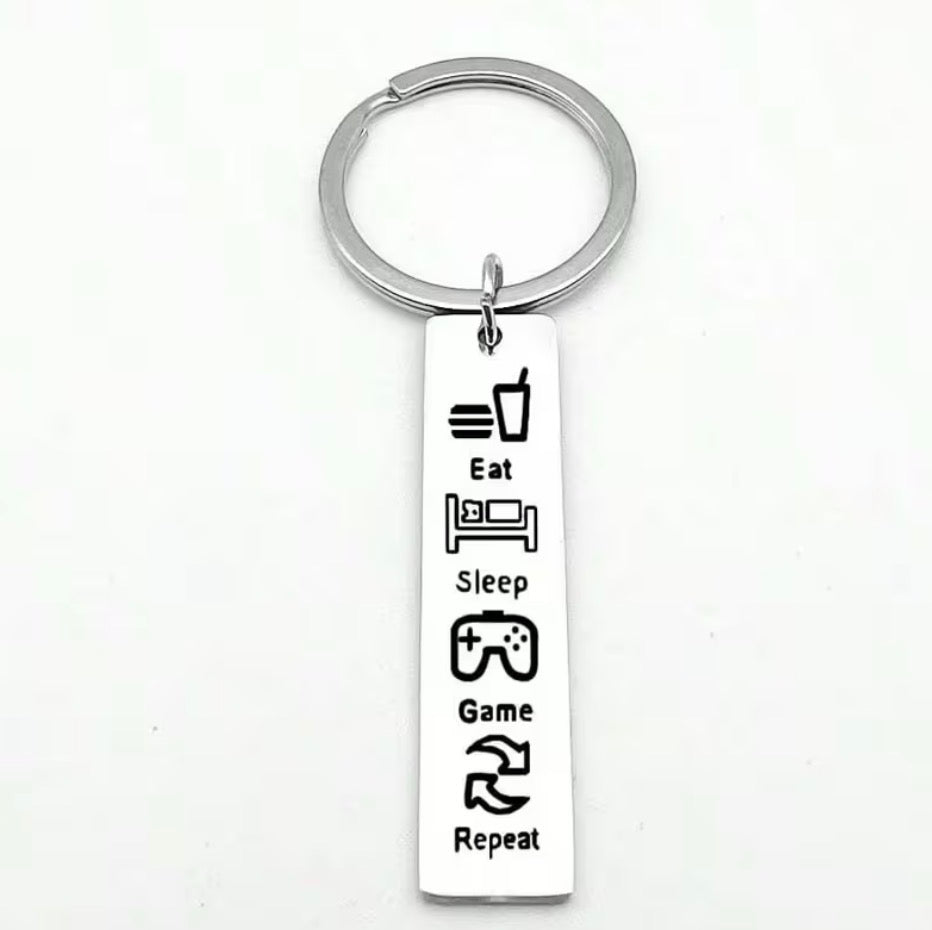 Stainless steel Eat Sleep Game Repeat gamer keychain with 5 cm plaque