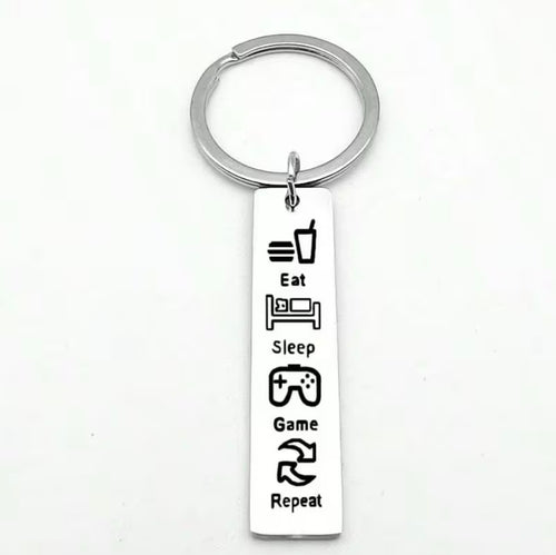 Stainless steel Eat Sleep Game Repeat gamer keychain with 5 cm plaque