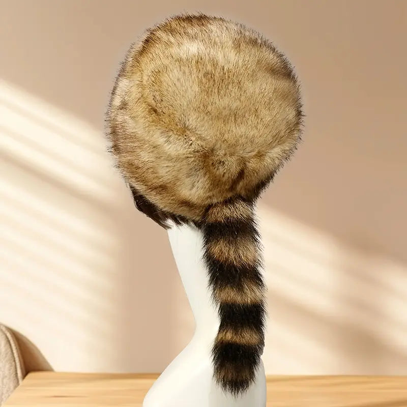 Faux Fur Flat Top Hat with Raccoon Tail