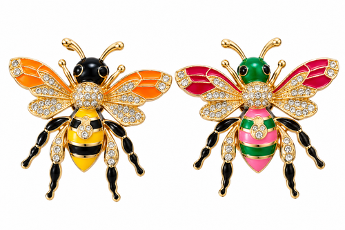 Two sparkling enamel bee brooch colour variants on white background