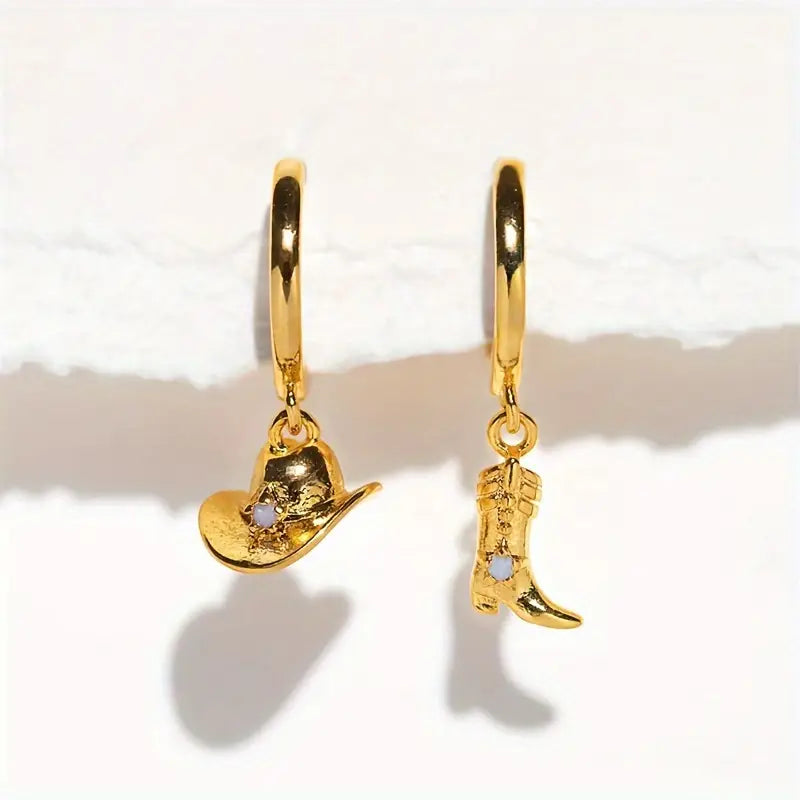 Boucles d'oreilles à breloques chapeau de cowboy et bottes – Or