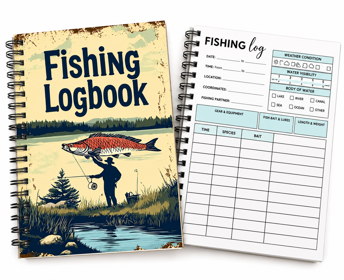 Fishing Logbook spiral-bound journal showing cover and fishing catch recording page