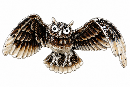 Flying owl metal enamel brooch antique silver 6 by 3 cm