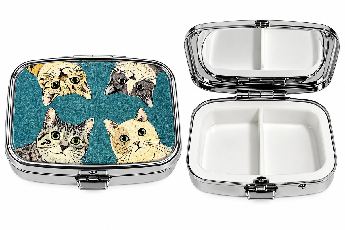 Four cats pill box closed and open with mirror and two compartments