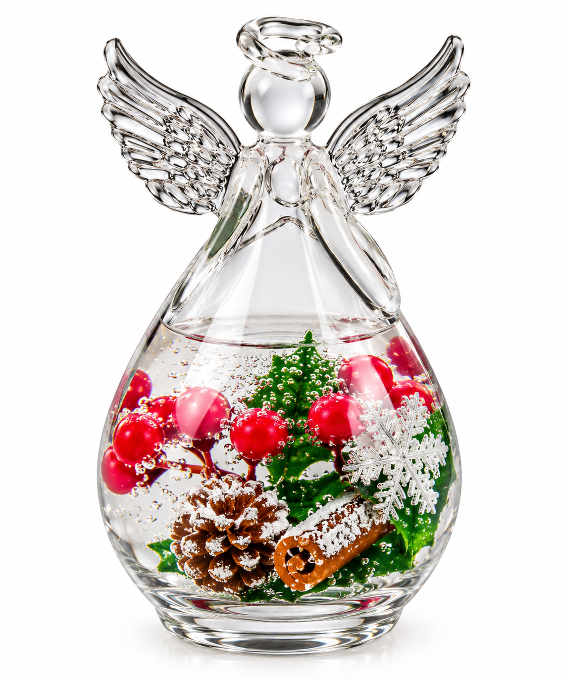 Rear view of handmade Gilde Dreamlight glass Christmas angel